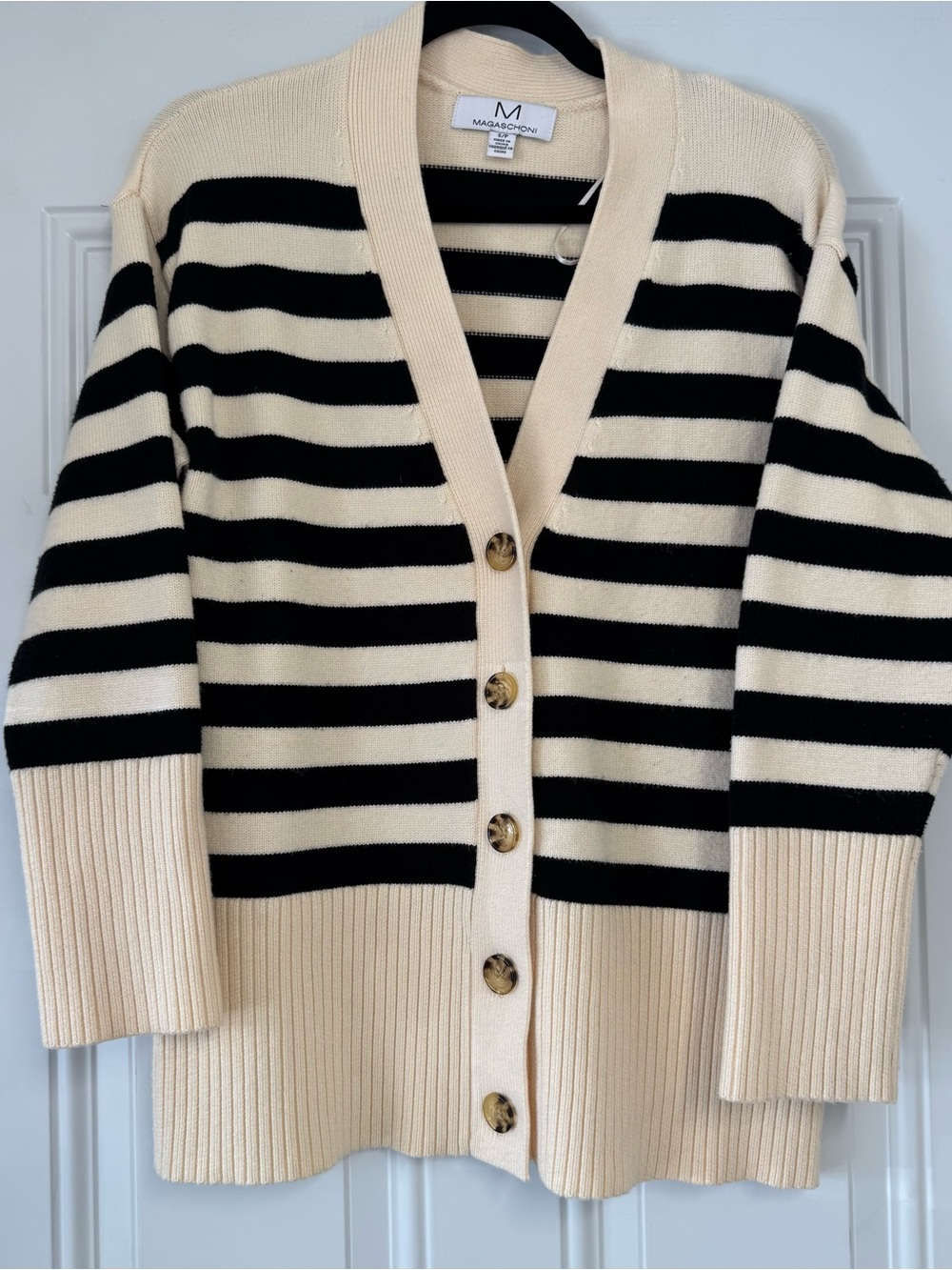 Magaschoni Black & Cream Striped V-Neck Button Cardigan